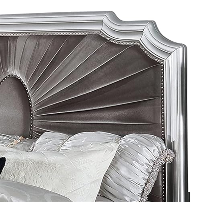 Xan Cal. King Bed-Silver Wood-Gray Pleated Velvet Upholstery
