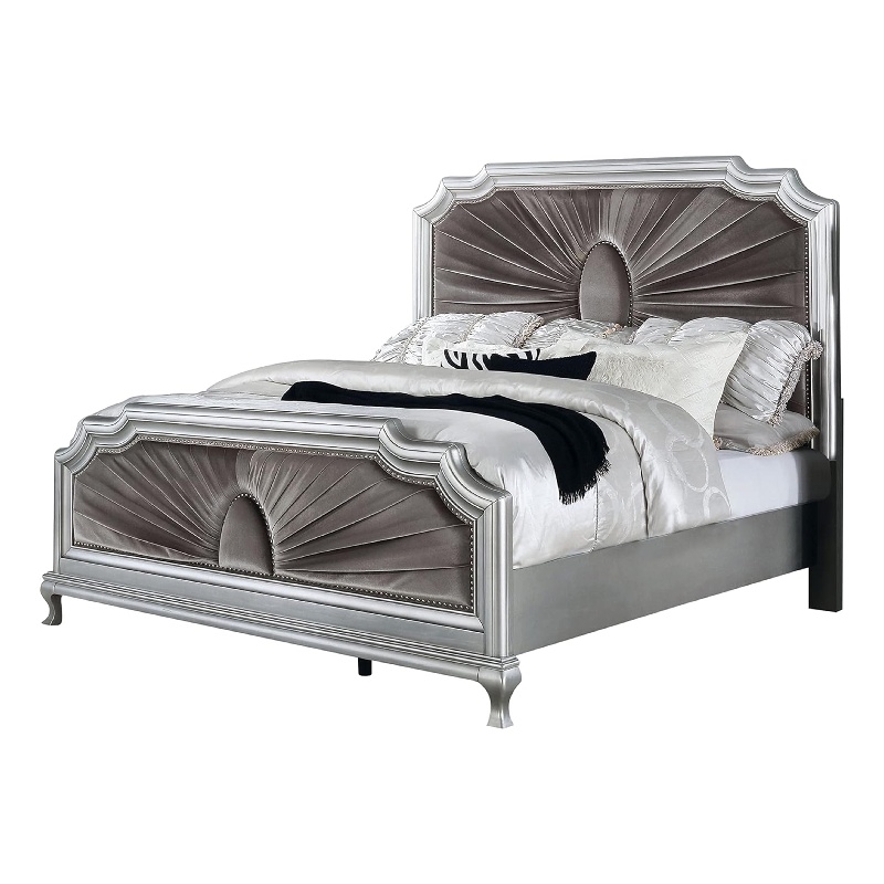 Xan Cal. King Bed-Silver Wood-Gray Pleated Velvet Upholstery