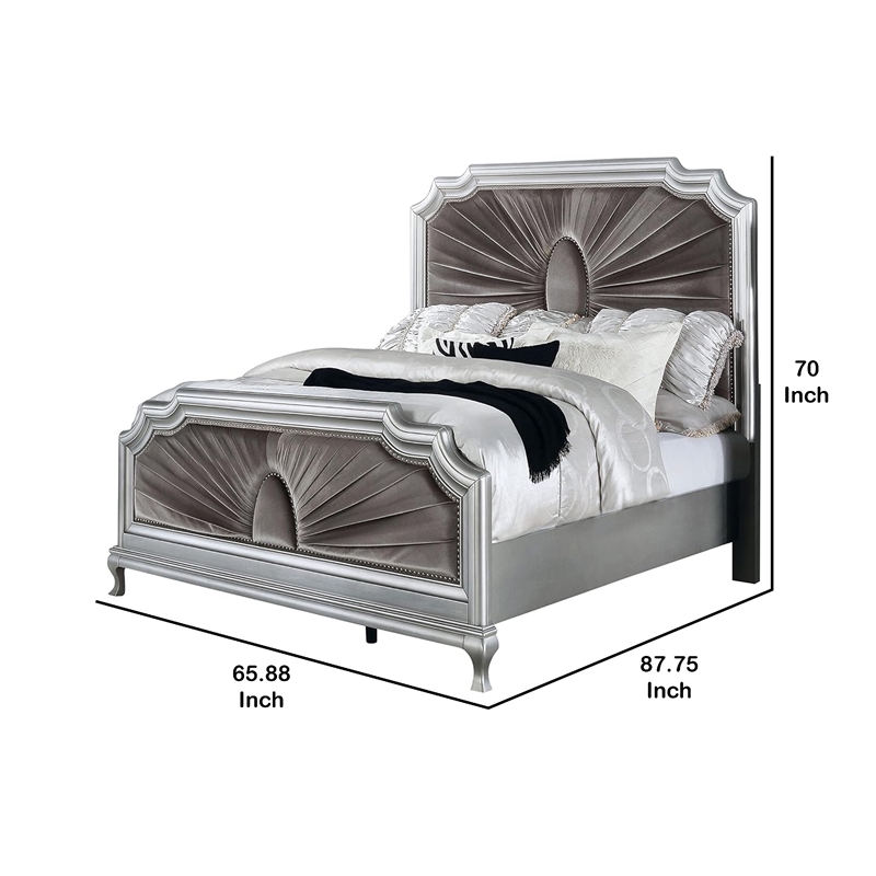 Xan Queen Bed-Silver Wood-Gray Pleated Velvet Upholstery