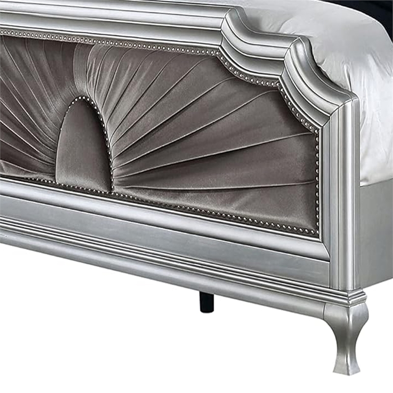 Xan Queen Bed-Silver Wood-Gray Pleated Velvet Upholstery