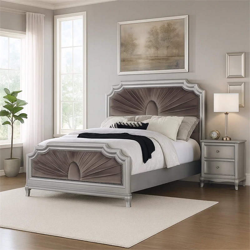 Xan Queen Bed-Silver Wood-Gray Pleated Velvet Upholstery