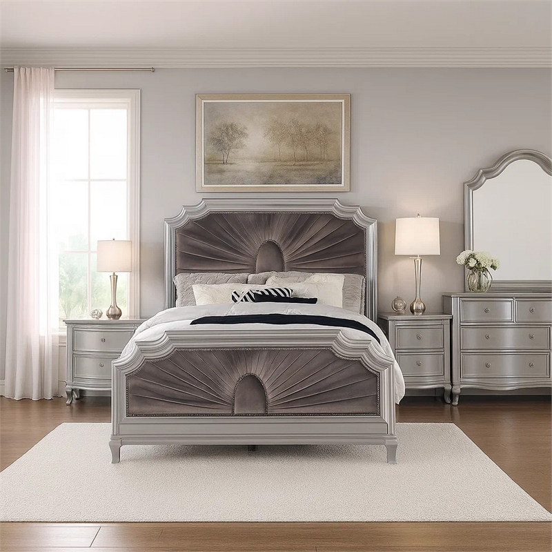 Xan Queen Bed-Silver Wood-Gray Pleated Velvet Upholstery