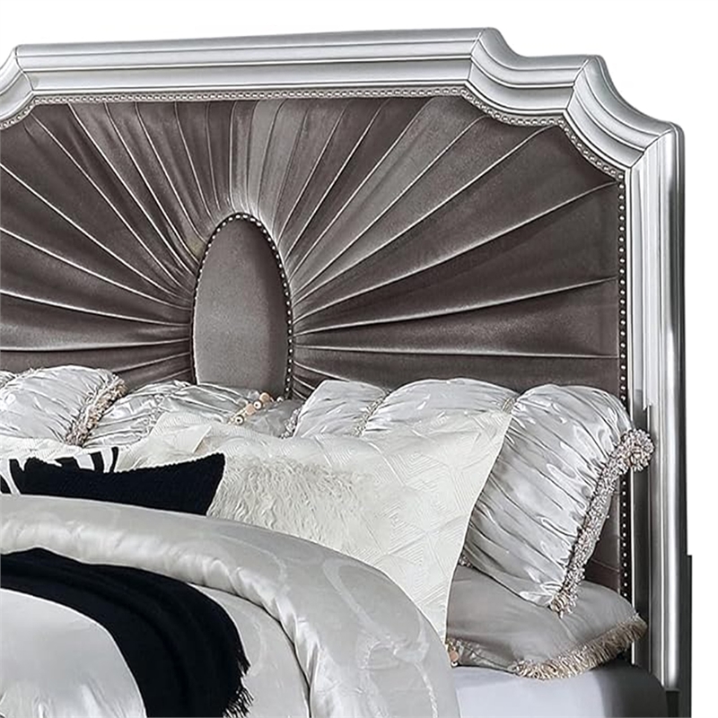 Xan Queen Bed-Silver Wood-Gray Pleated Velvet Upholstery