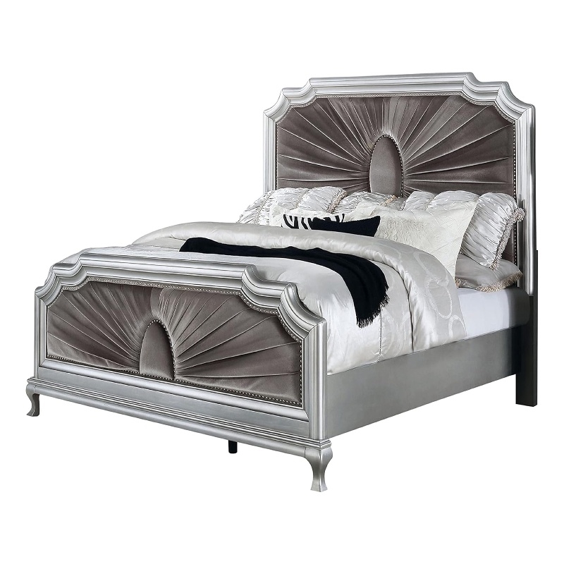 Xan Queen Bed-Silver Wood-Gray Pleated Velvet Upholstery