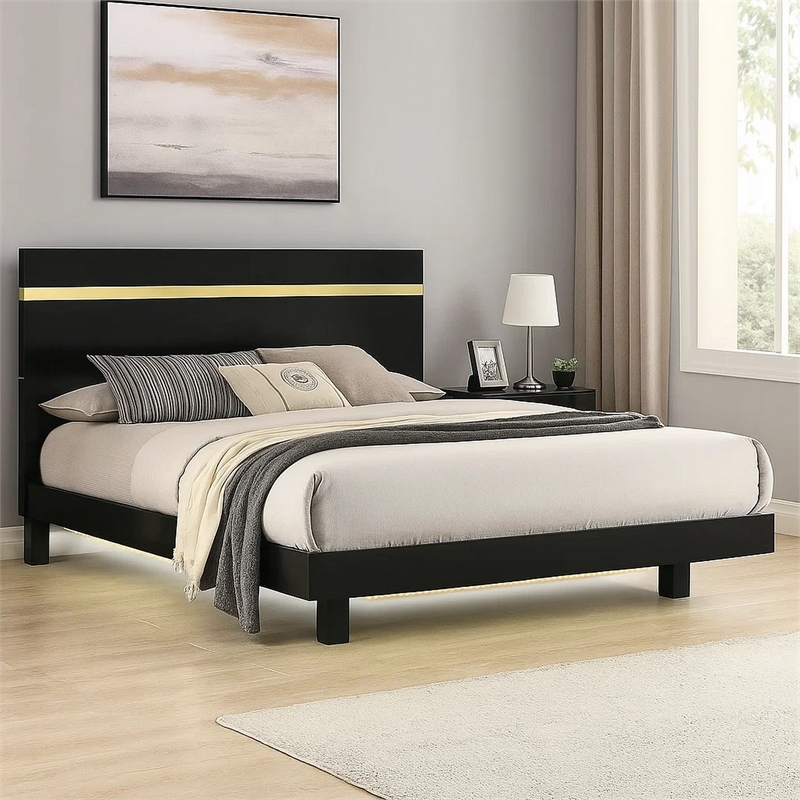 Yoki King Size Bed w Underbed LED-Acrylic Gold Trim-Black Frame