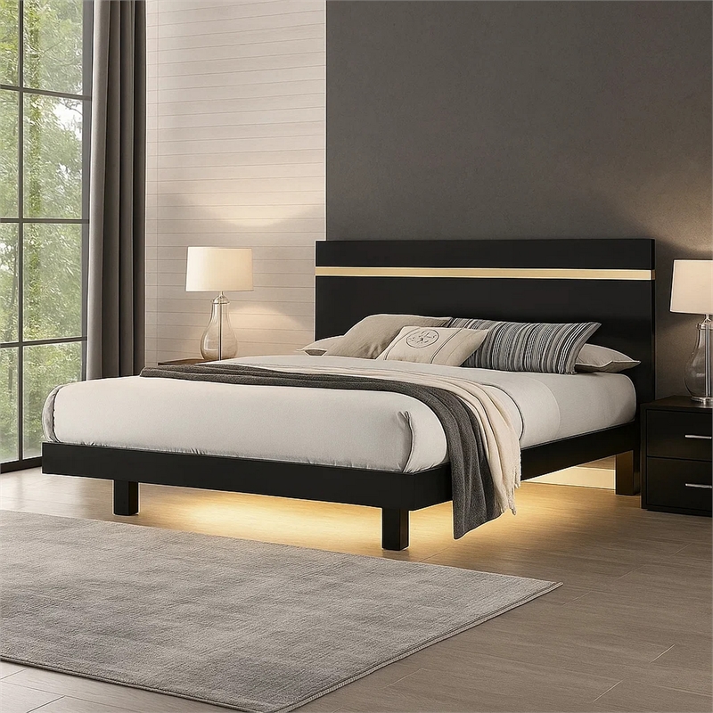 Yoki King Size Bed w Underbed LED-Acrylic Gold Trim-Black Frame