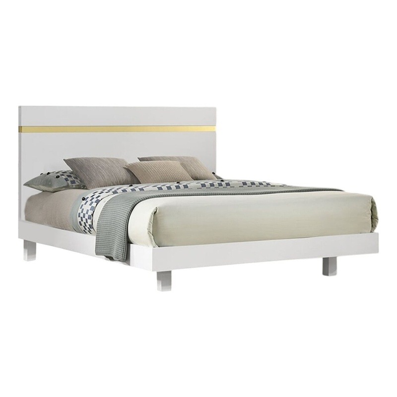 Yoki King Size Bed w Underbed LED-Acrylic Gold Trim-White Frame