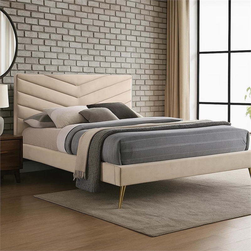 Vevy King Size Bed-Chevron Tufted Beige Flannelette Upholstery