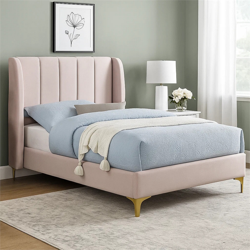 Pevy Queen Size Bed-Tufted Wingback in Light Pink Velvetlike Upholstery