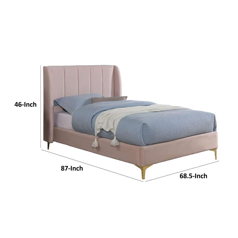 Pevy Queen Size Bed-Tufted Wingback in Light Pink Velvetlike Upholstery