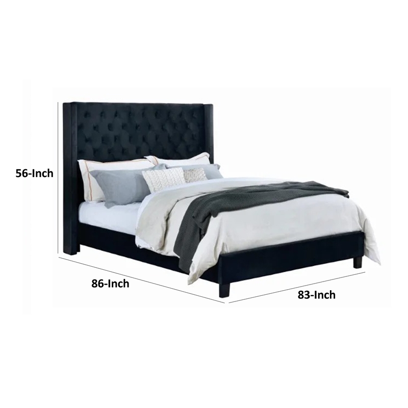 Hiu King Size Bed-Wingback Headboard in Black Velvet Like Upholstery