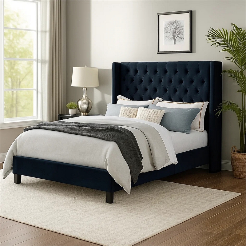 Hiu King Size Bed-Wingback Headboard in Black Velvet Like Upholstery