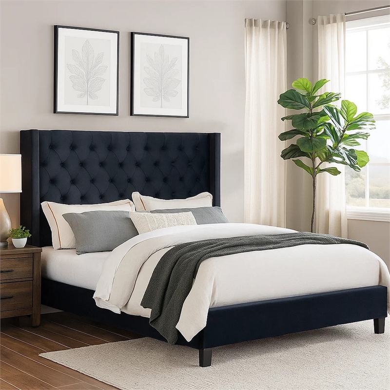 Hiu King Size Bed-Wingback Headboard in Black Velvet Like Upholstery