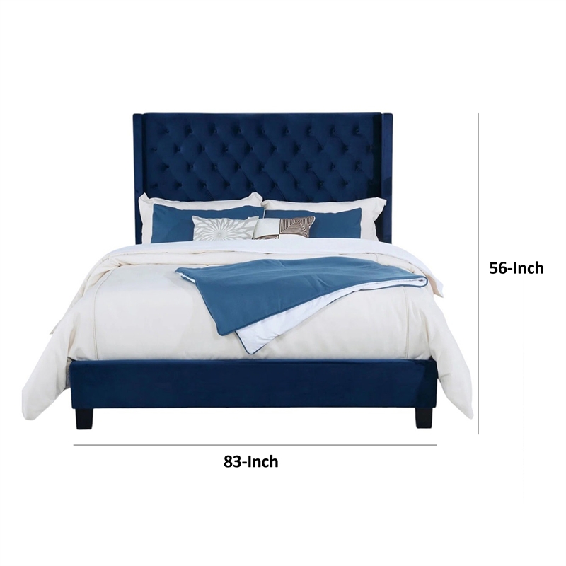 Hiu King Size Bed-Wingback Headboard-Navy Blue Velvet Like Upholstery
