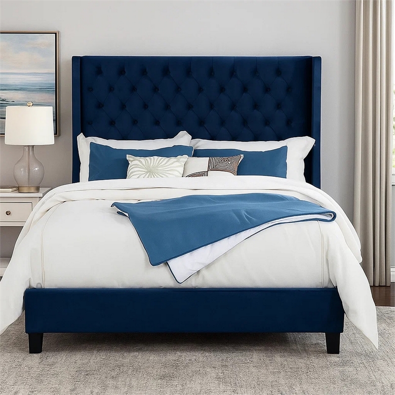Hiu King Size Bed-Wingback Headboard-Navy Blue Velvet Like Upholstery
