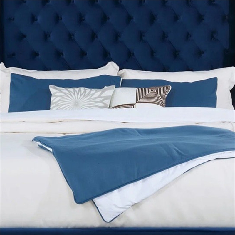 Hiu King Size Bed-Wingback Headboard-Navy Blue Velvet Like Upholstery