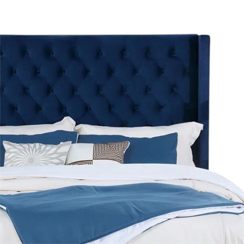 Hiu King Size Bed-Wingback Headboard-Navy Blue Velvet Like Upholstery