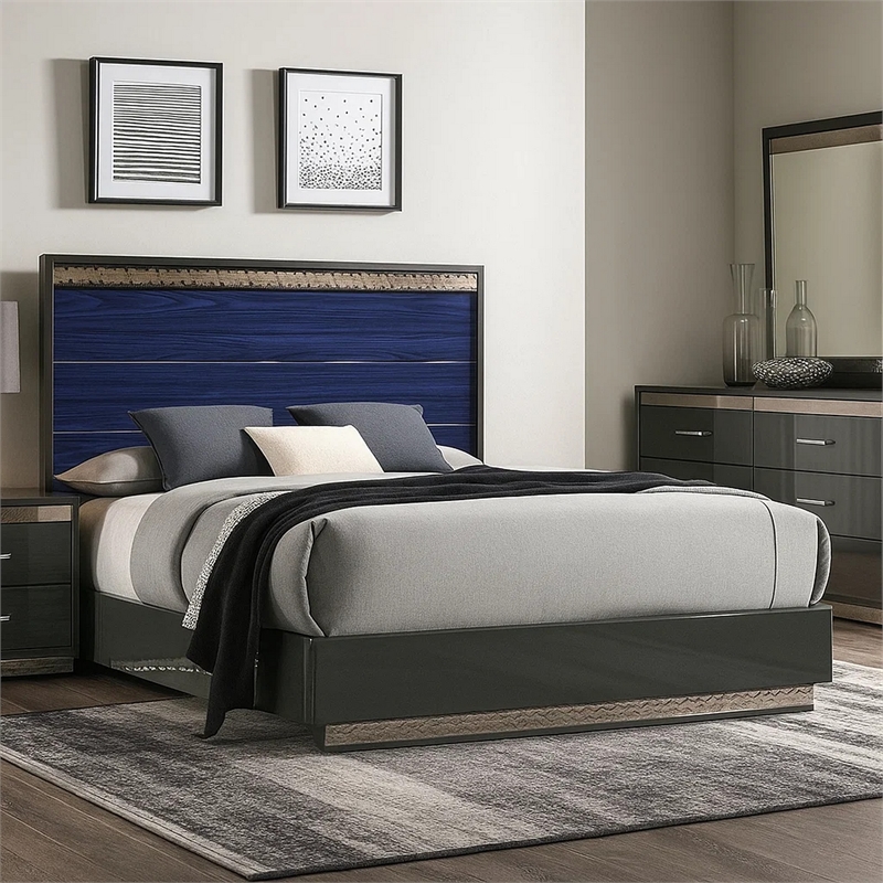 Cote King Bed-Slat Panel Headboard-Ash Gray and Indigo Blue Wood