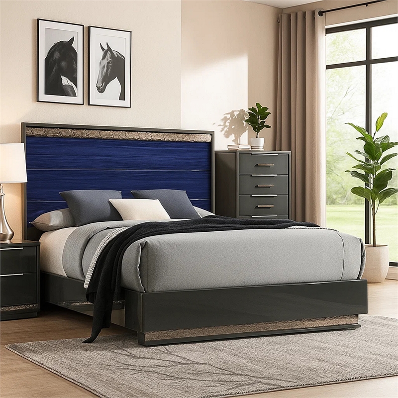 Cote King Bed-Slat Panel Headboard-Ash Gray and Indigo Blue Wood