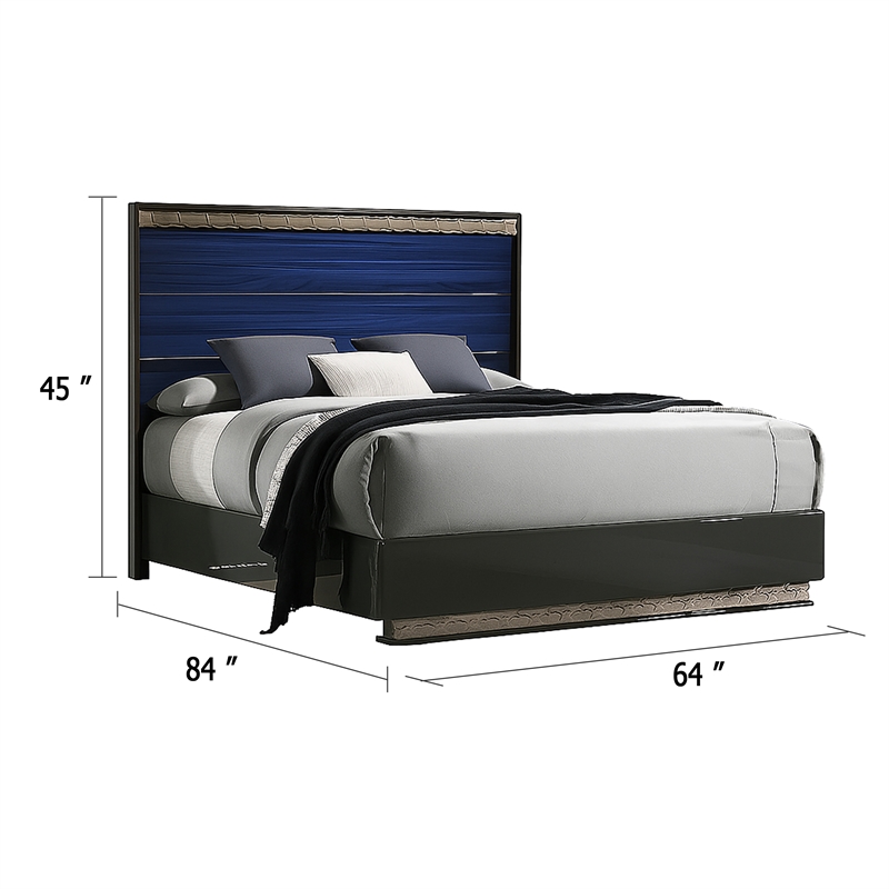 Cote Queen Bed-Slat Panel Headboard-Ash Gray and Indigo Blue Wood