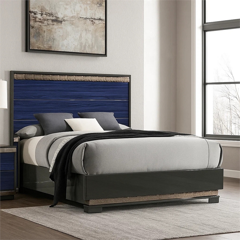 Cote Queen Bed-Slat Panel Headboard-Ash Gray and Indigo Blue Wood