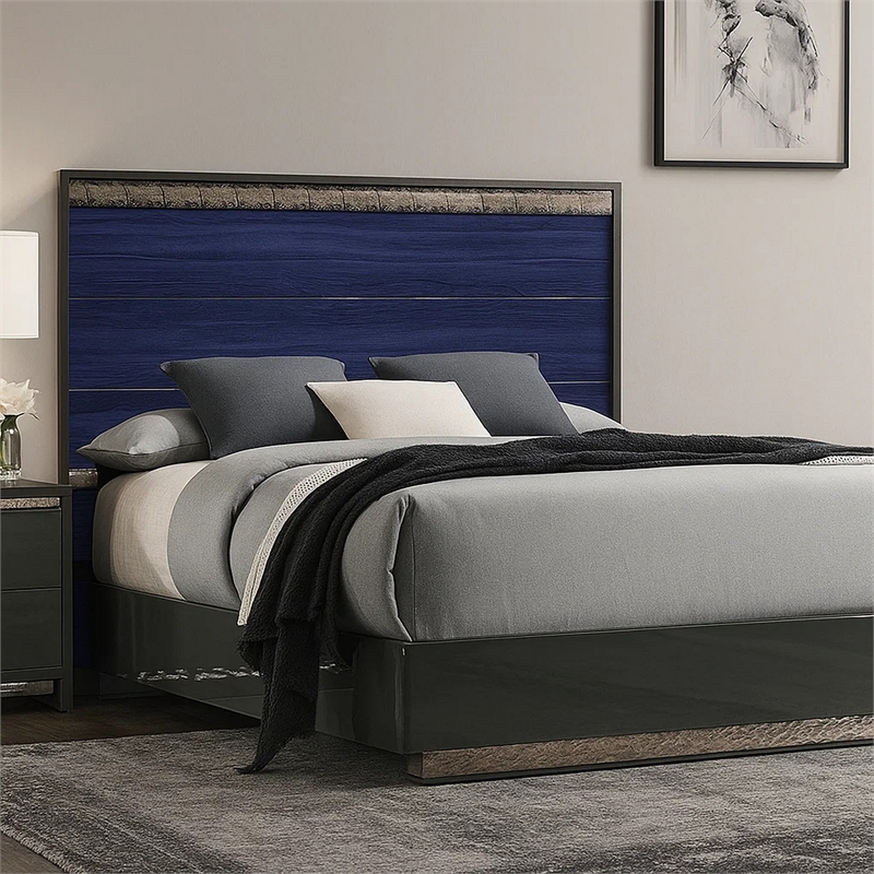 Cote Queen Bed-Slat Panel Headboard-Ash Gray and Indigo Blue Wood