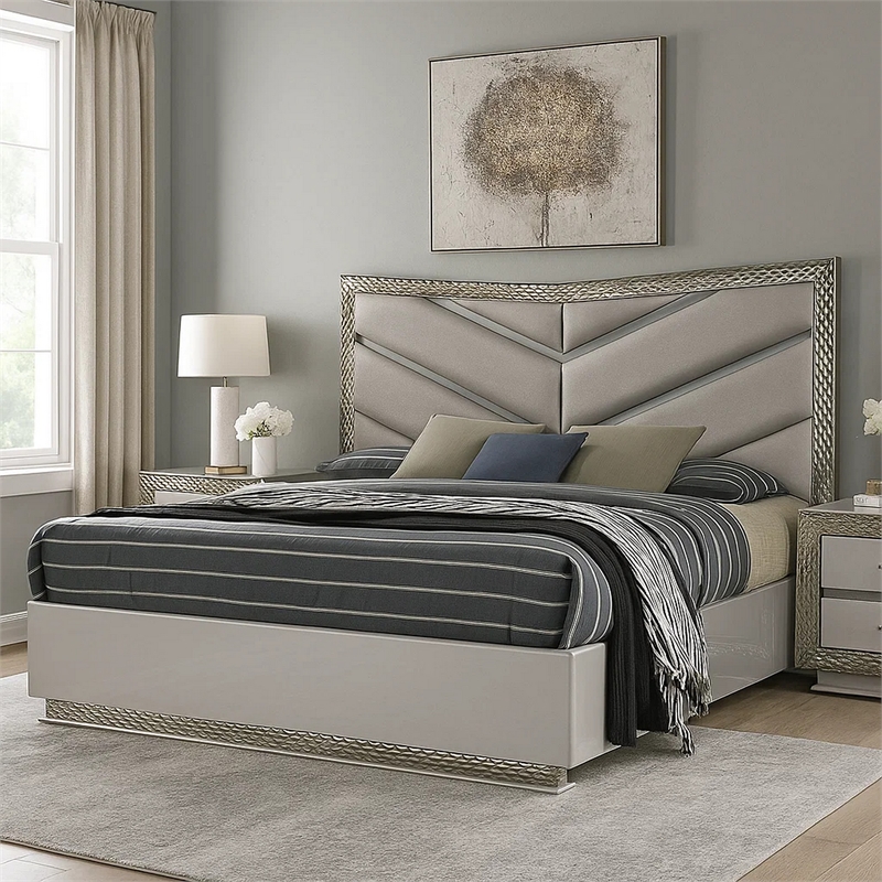 Vino King Bed-Gray Chevron Satin Fabric Upholstered-Solid Wood