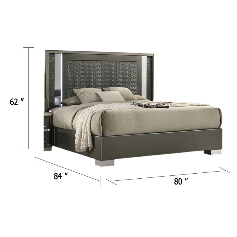 Levi King Bed-Dark Gray-Solid Teak and Rubberwood-Modern LED Lighting