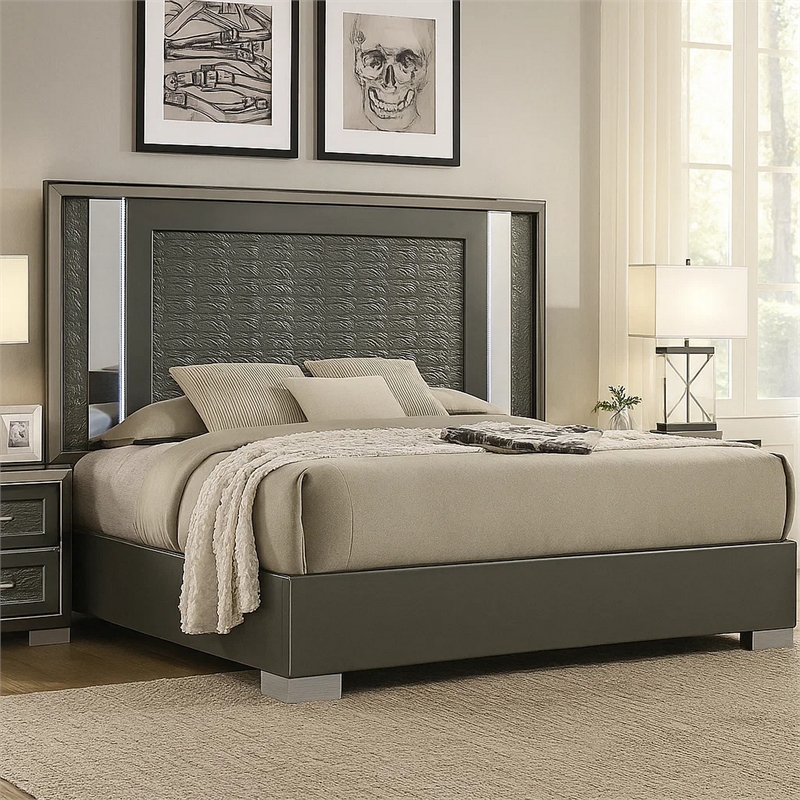 Levi King Bed-Dark Gray-Solid Teak and Rubberwood-Modern LED Lighting