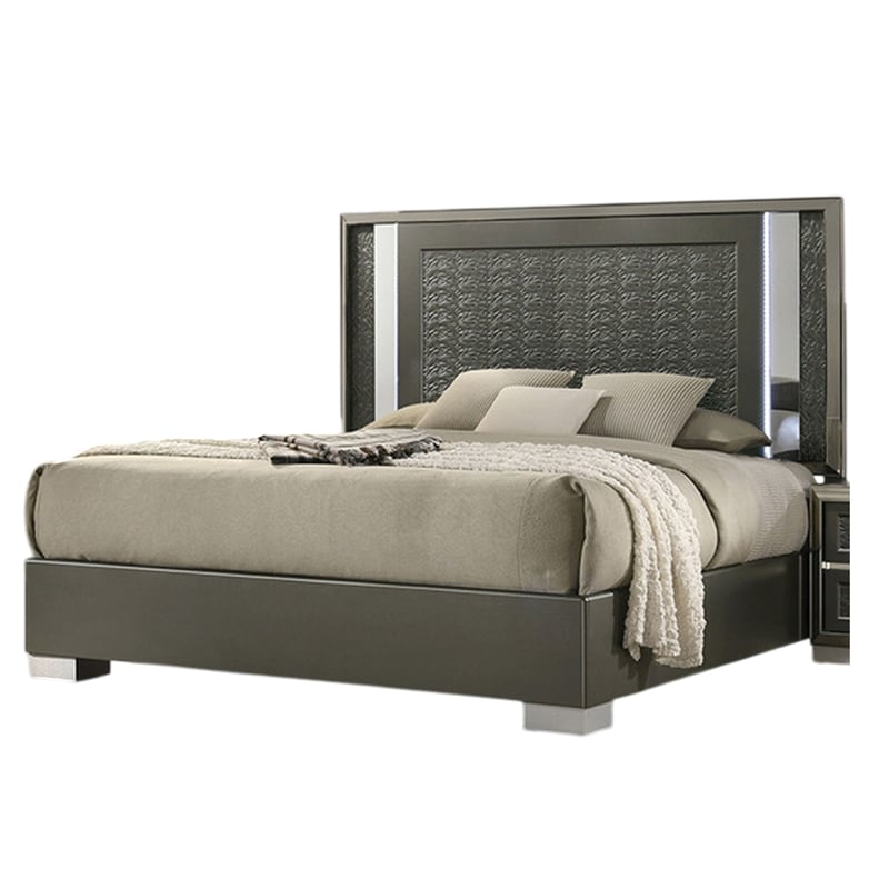 Levi Queen Bed-Dark Gray-Solid Teak and Rubberwood-Modern LED Lighting