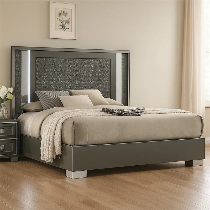Levi Queen Bed-Dark Gray-Solid Teak and Rubberwood-Modern LED Lighting