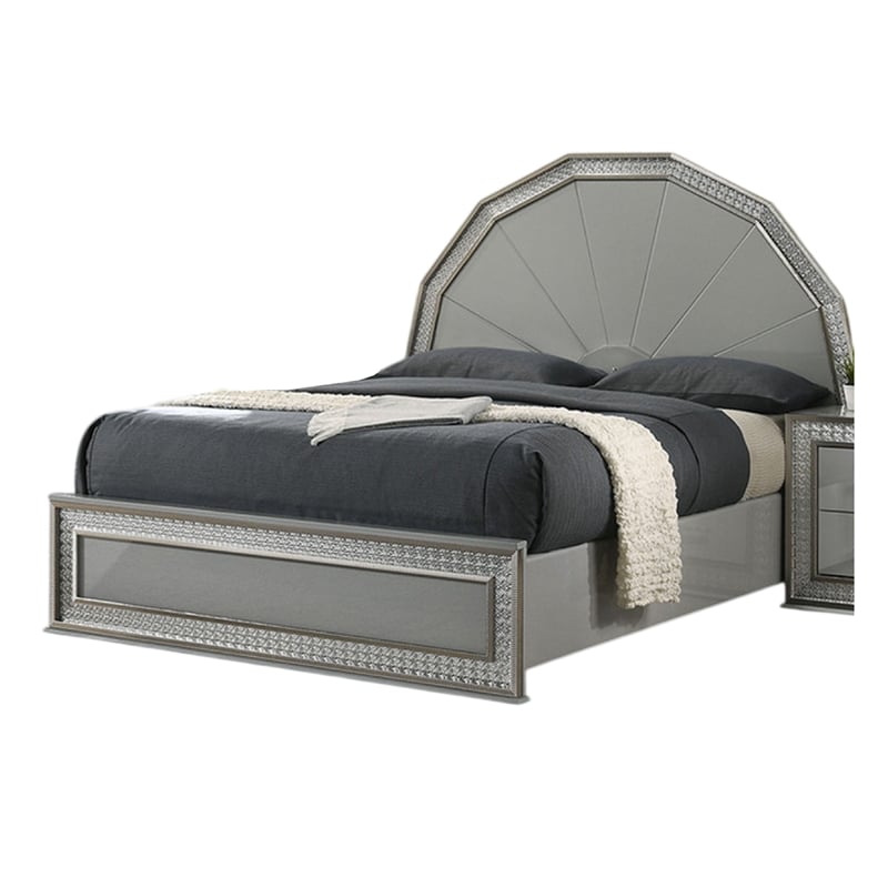 Cyl King Bed-Metallic Gray-Scale Molded Trim-Rubberwood-LED Lit