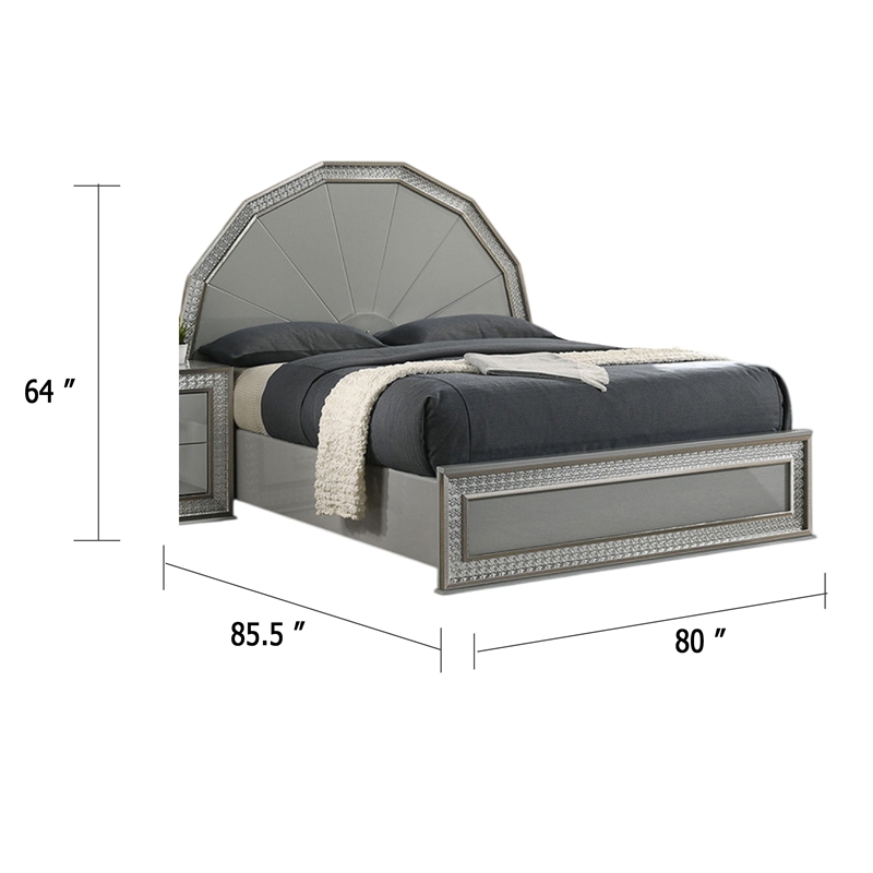 Cyl King Bed-Metallic Gray-Scale Molded Trim-Rubberwood-LED Lit