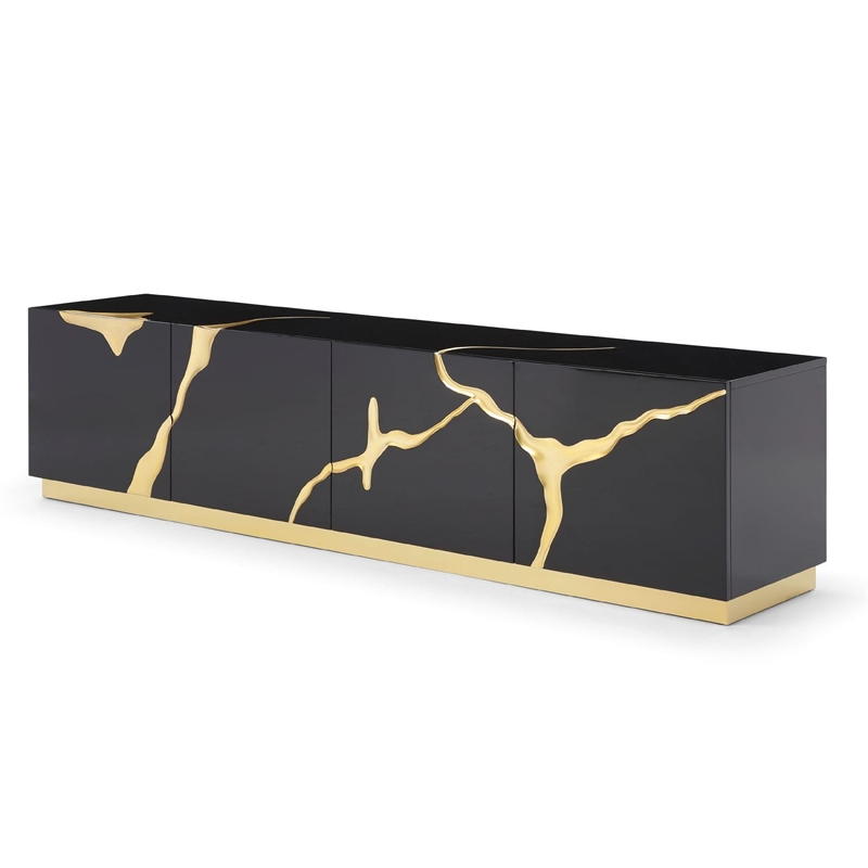 Cid Exie TV Stand Console-Modern Black with Gold Vein Design-87 Inch