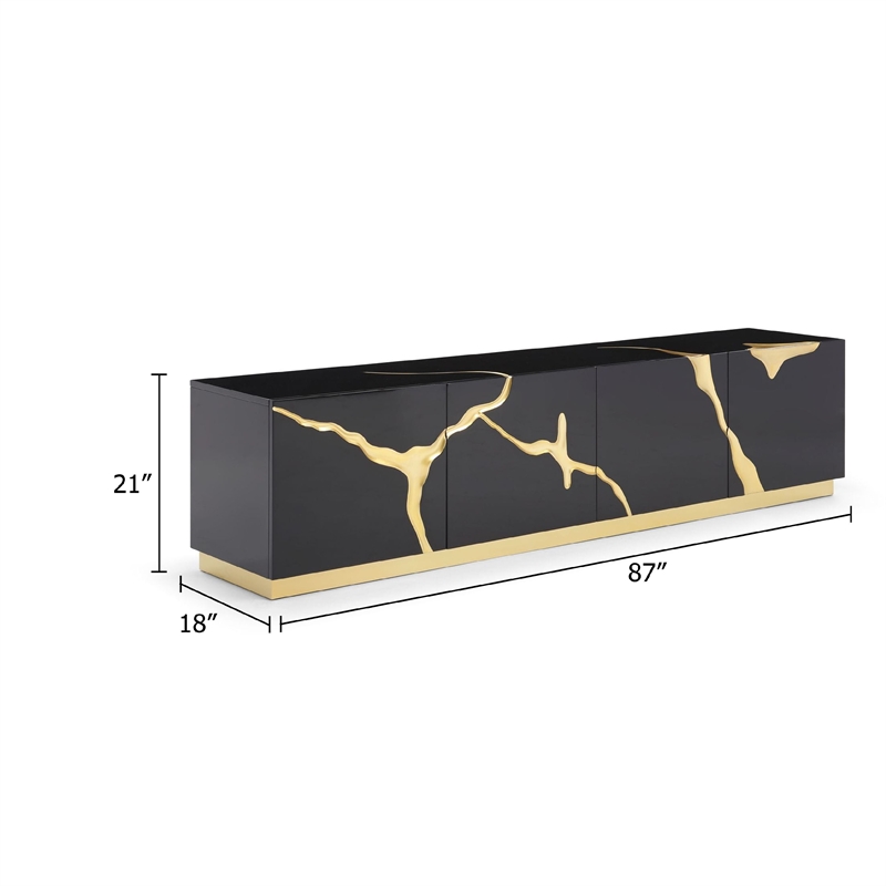 Cid Exie TV Stand Console-Modern Black with Gold Vein Design-87 Inch