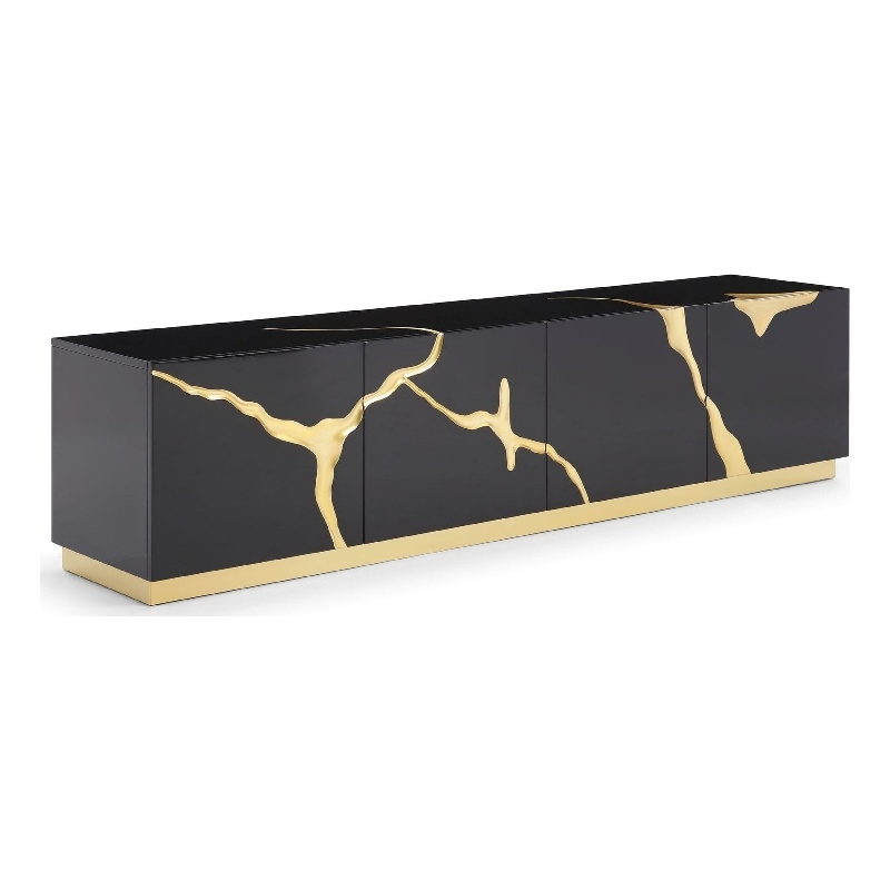 Cid Exie TV Stand Console-Modern Black with Gold Vein Design-87 Inch