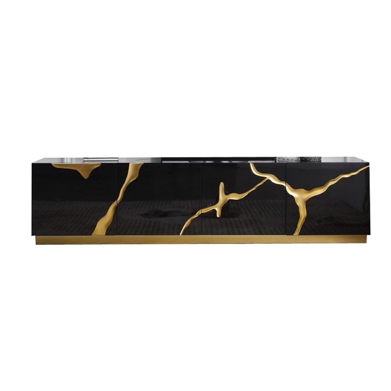 Cid Exie TV Stand Console-Modern Black with Gold Vein Design-87 Inch
