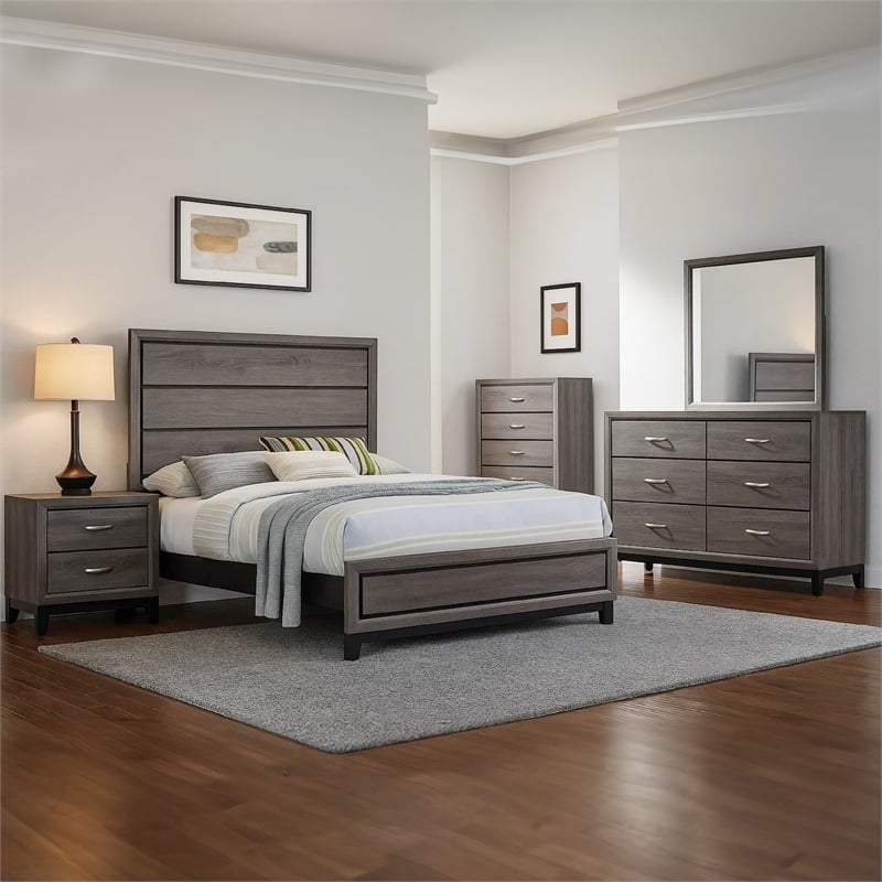 Mela 5pc Full Bed Set-Nightstand Dresser Chest and Mirror-Oak Gray