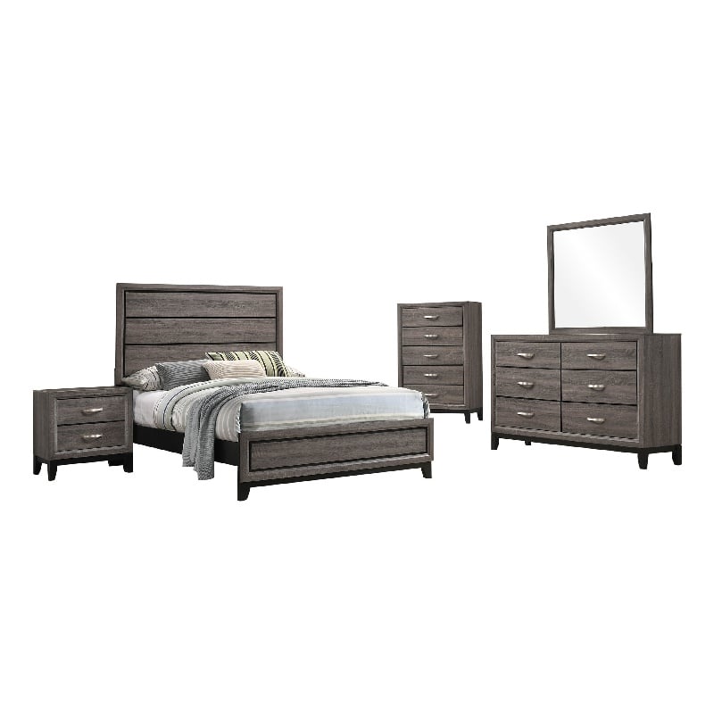 Mela 5pc Full Bed Set-Nightstand Dresser Chest and Mirror-Oak Gray