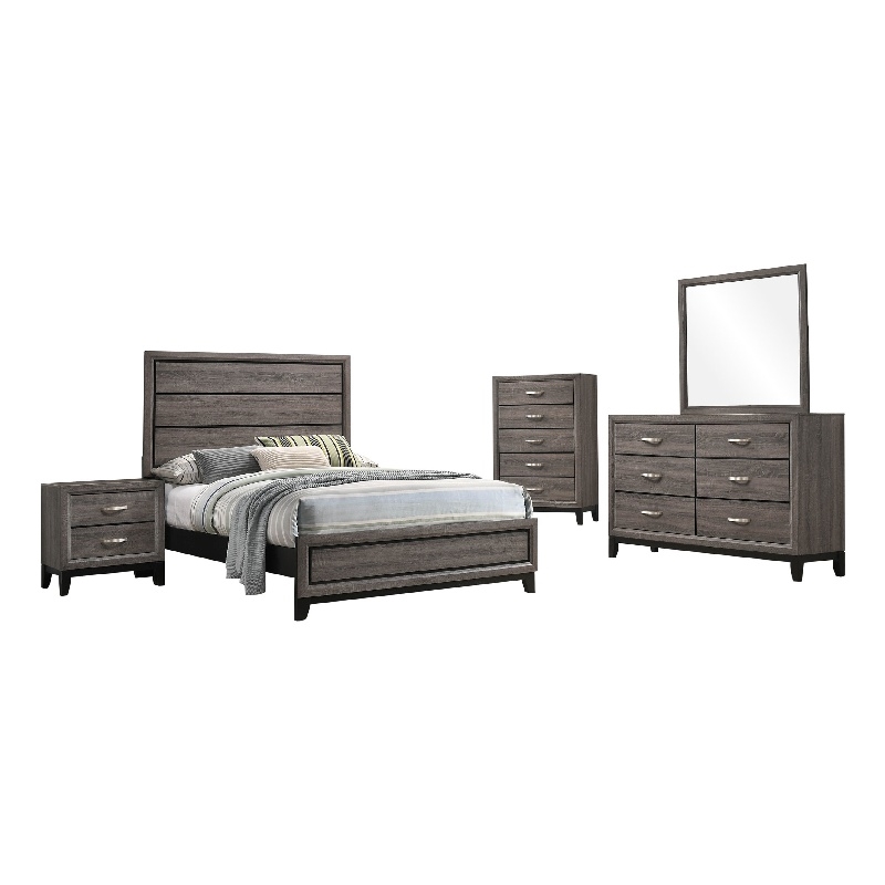 Mela 5pc Full Bed Set-Nightstand Dresser Chest and Mirror-Oak Gray