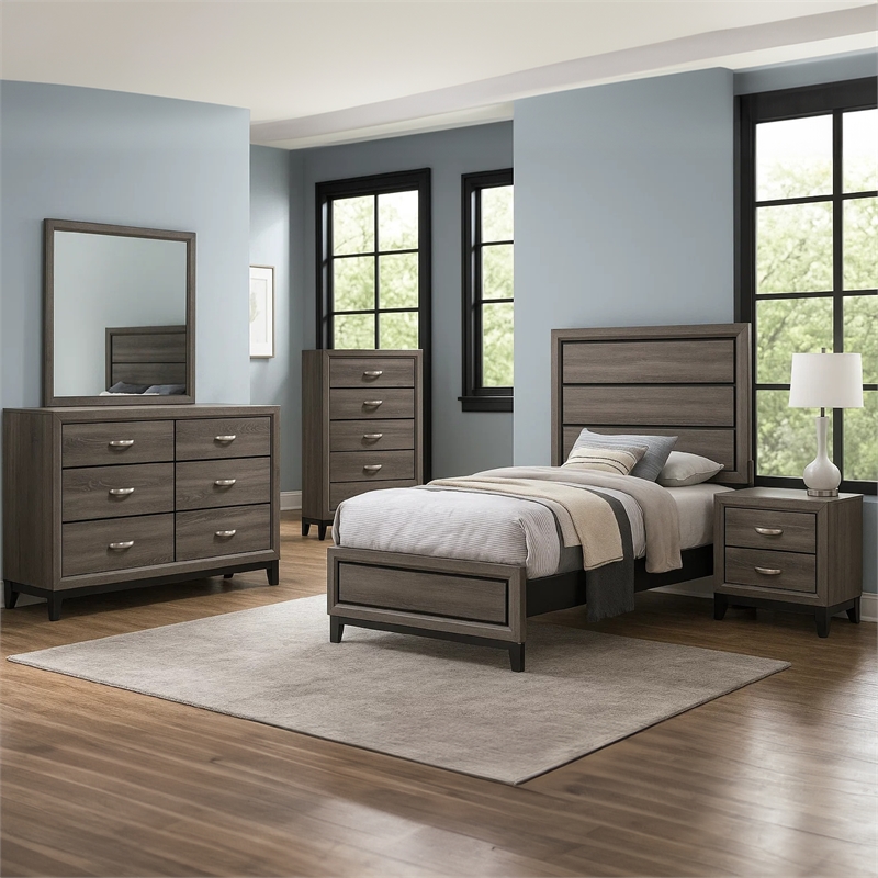 Mela 5pc Twin Bed Set-Nightstand Dresser Chest and Mirror-Oak Gray