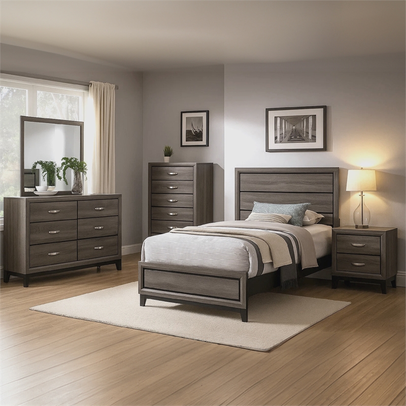 Mela 5pc Twin Bed Set-Nightstand Dresser Chest and Mirror-Oak Gray