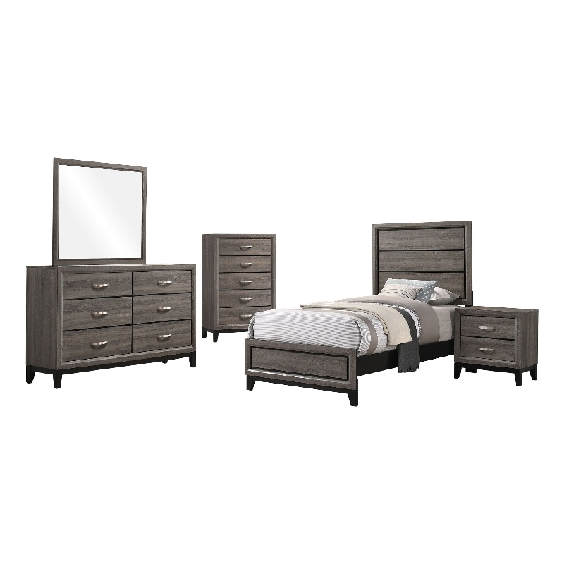 Mela 5pc Twin Bed Set-Nightstand Dresser Chest and Mirror-Oak Gray