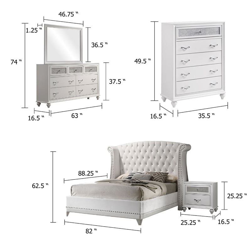 Dini Glam 5pc Queen Bedroom Set-Tufted Wingback in White Velvet