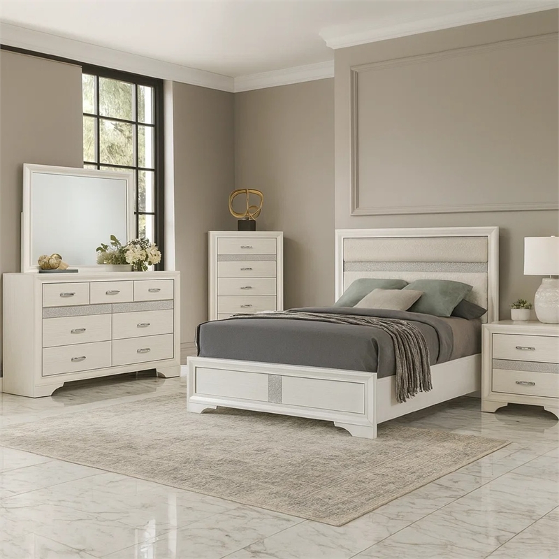 Vino White 5 Piece Full Bed Set with Dressers-Mirror-Glitter Accent