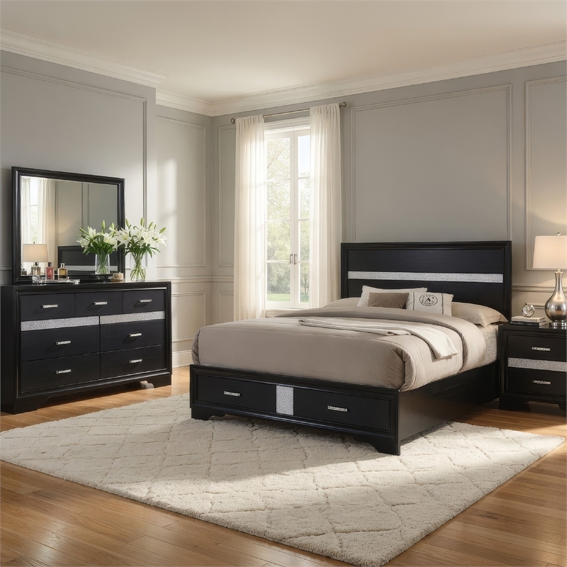 Vino Black 4 Piece King Bed Set with Storage-Dressers-Glitter Accent