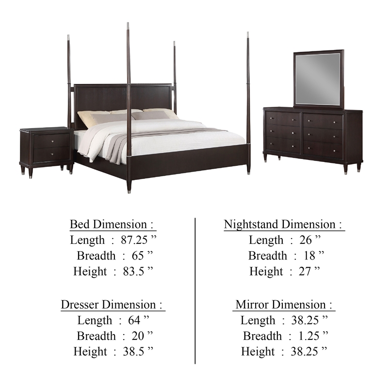 Amber 4pc Poster Queen Bed Set-Modern Dark Brown Wood-Dresser Mirror