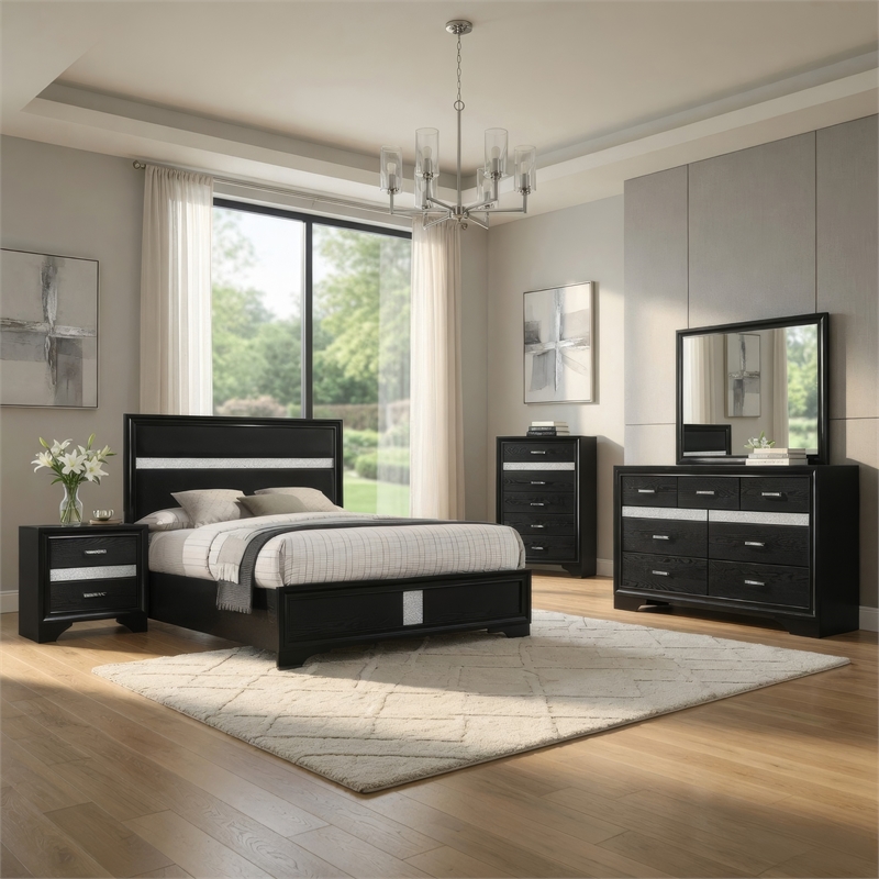 Vino Black 5pc California King Bed Set with Dressers-Glitter Accent