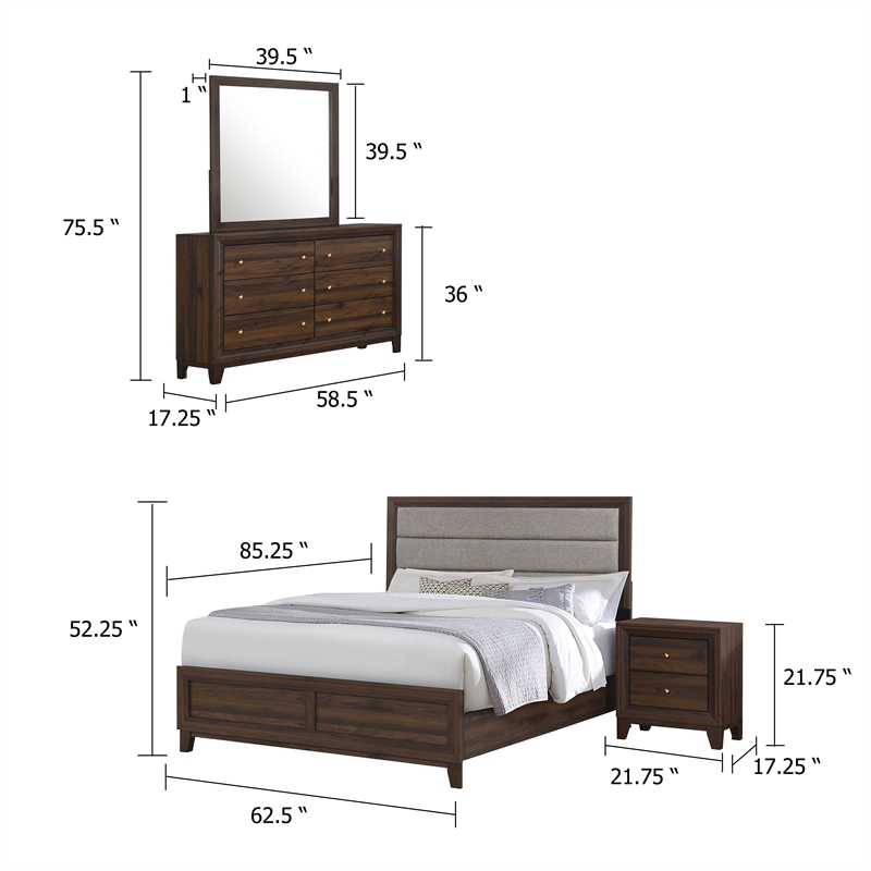 Yels 4 Piece Queen Bedroom Set-Gray Upholstery-Walnut Brown Wood