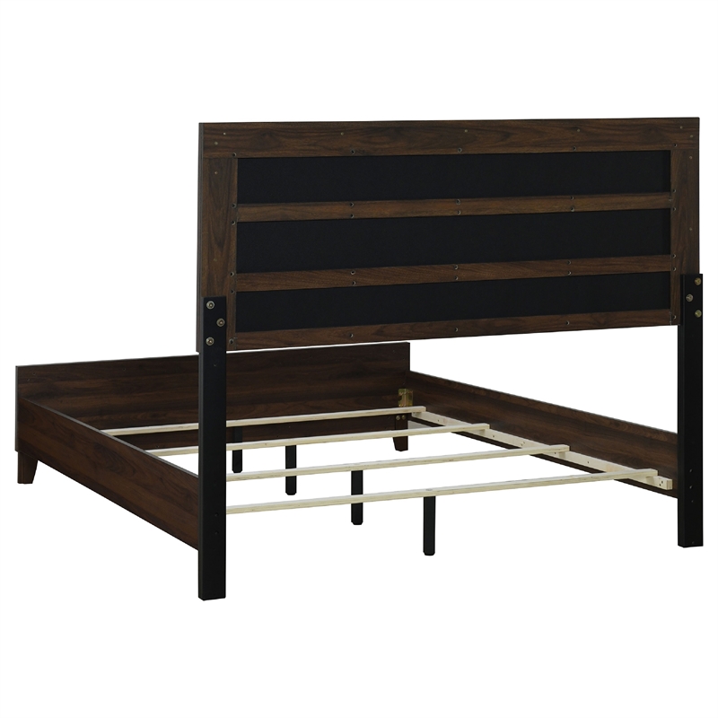 Yels 4 Piece Queen Bedroom Set-Gray Upholstery-Walnut Brown Wood
